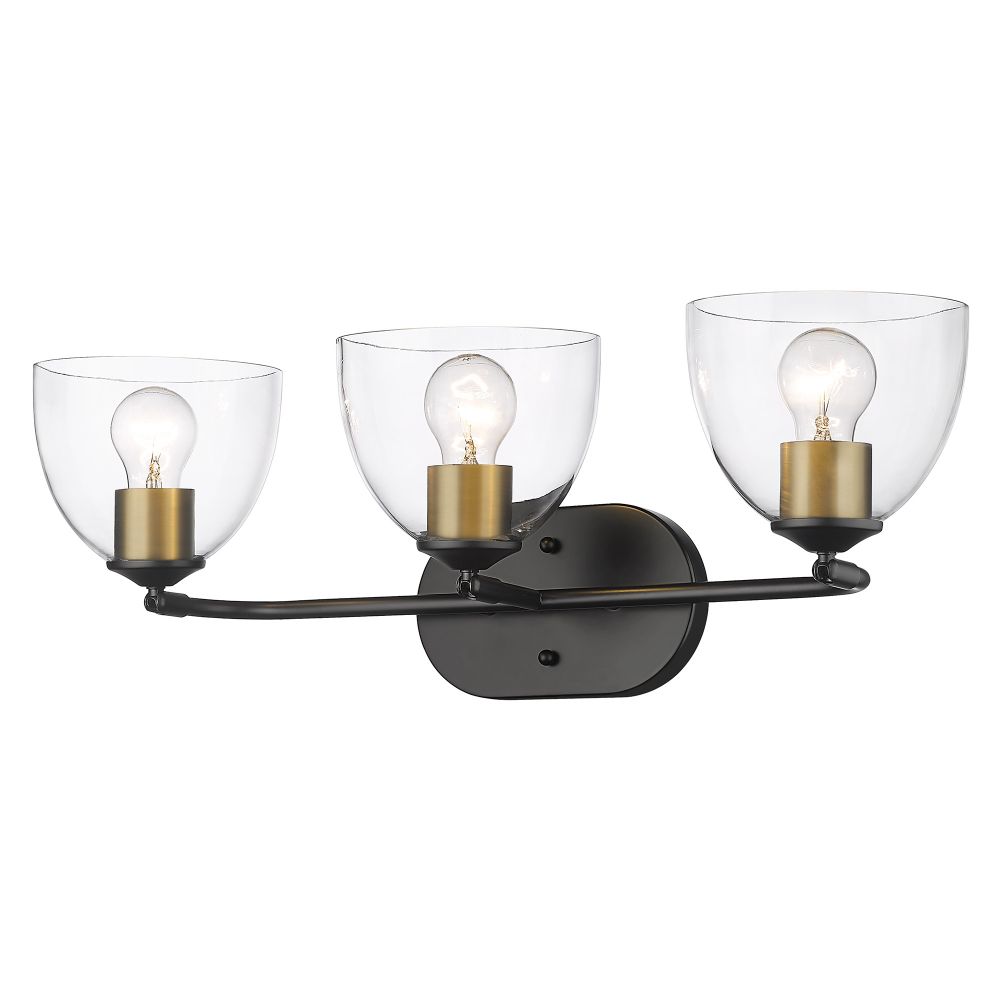 Golden Lighting 6958-BA3 BLK-BCB-CLR Roxie 3 Light Bath Vanity in Matte Black with Brushed Champagne Bronze Accents and Clear Glass Shade